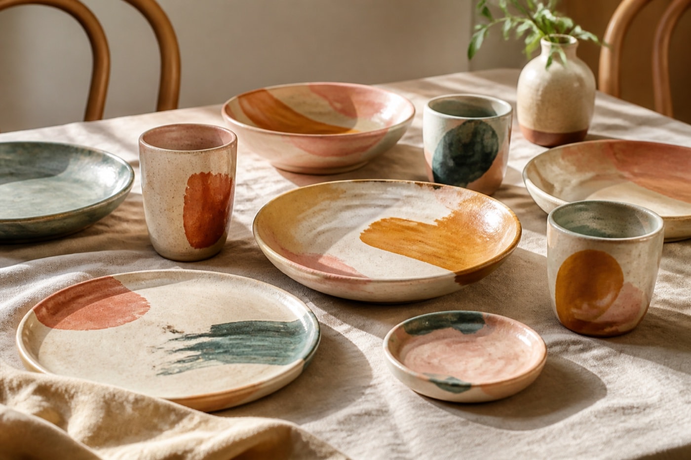 table setting with colorful generic handmade bowls and cups