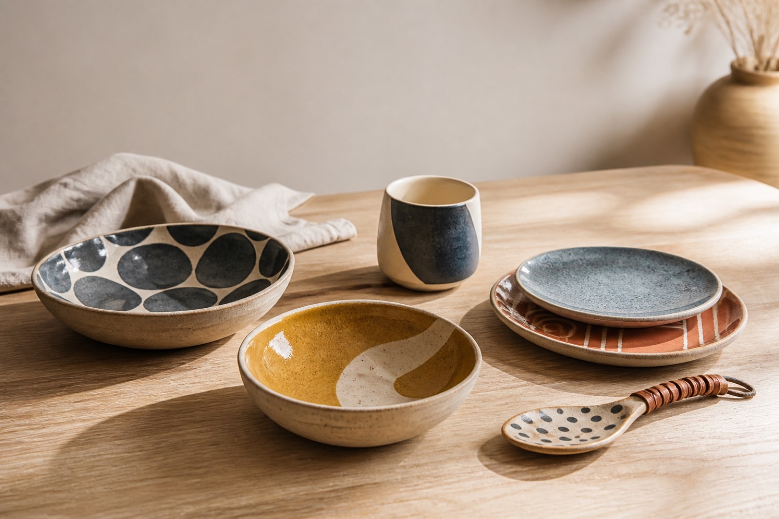 still life of colorful functional ceramic forms on a table