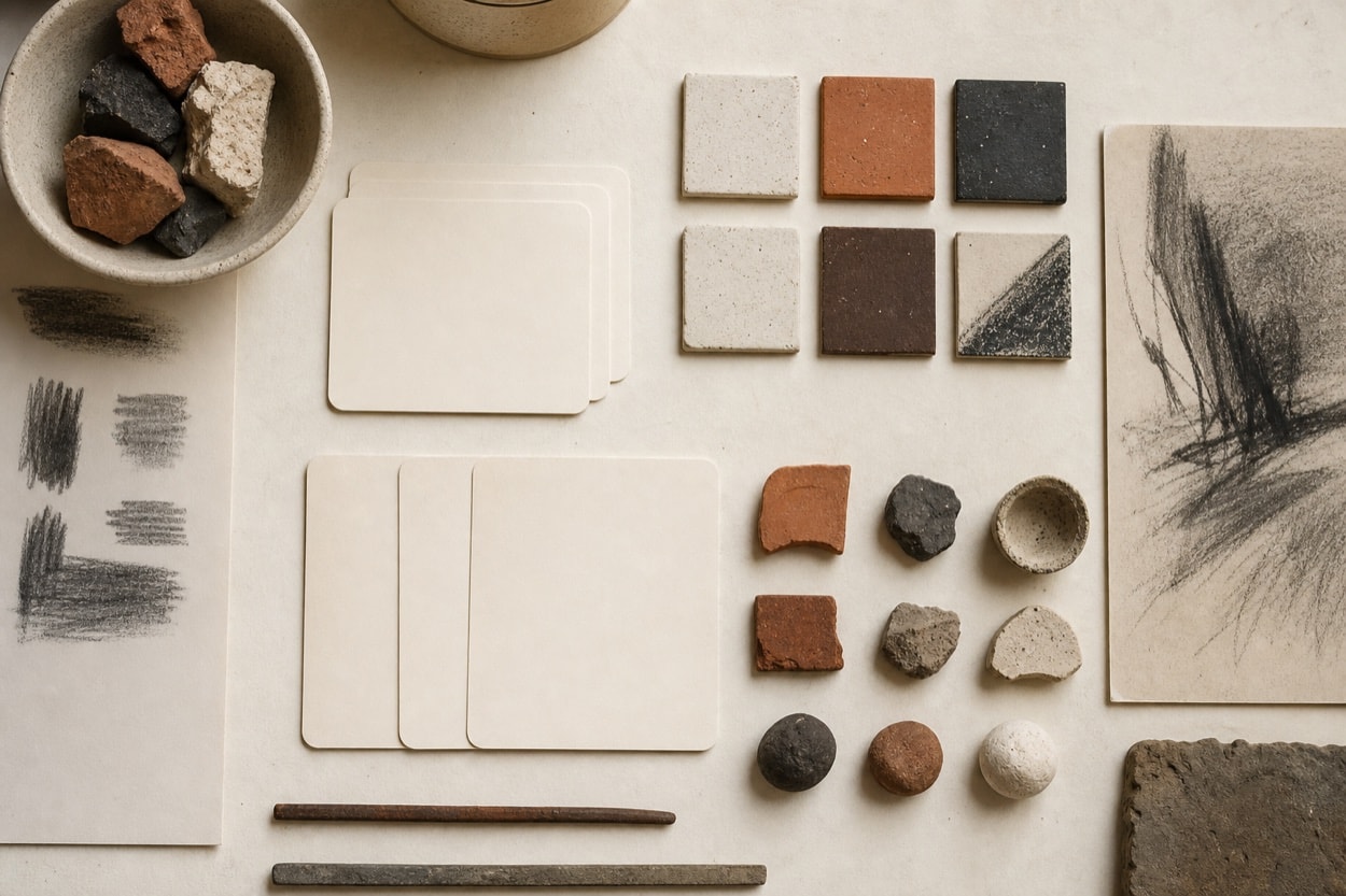 arrangement of catalog cards, ceramic samples, and index tabs