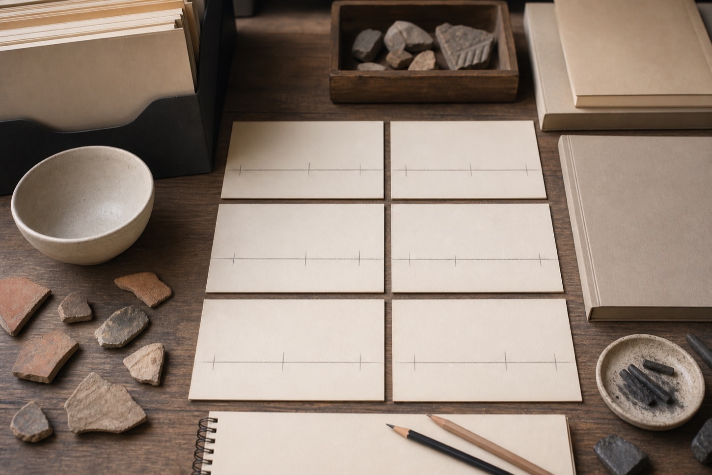 study of blank timeline cards, ceramic fragments, and catalog folders